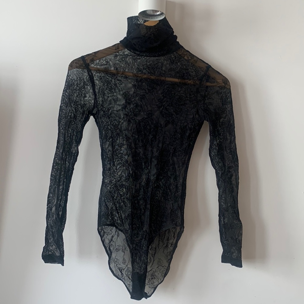 Rose Patterned Mesh Bodysuit- Turtleneck - image 1